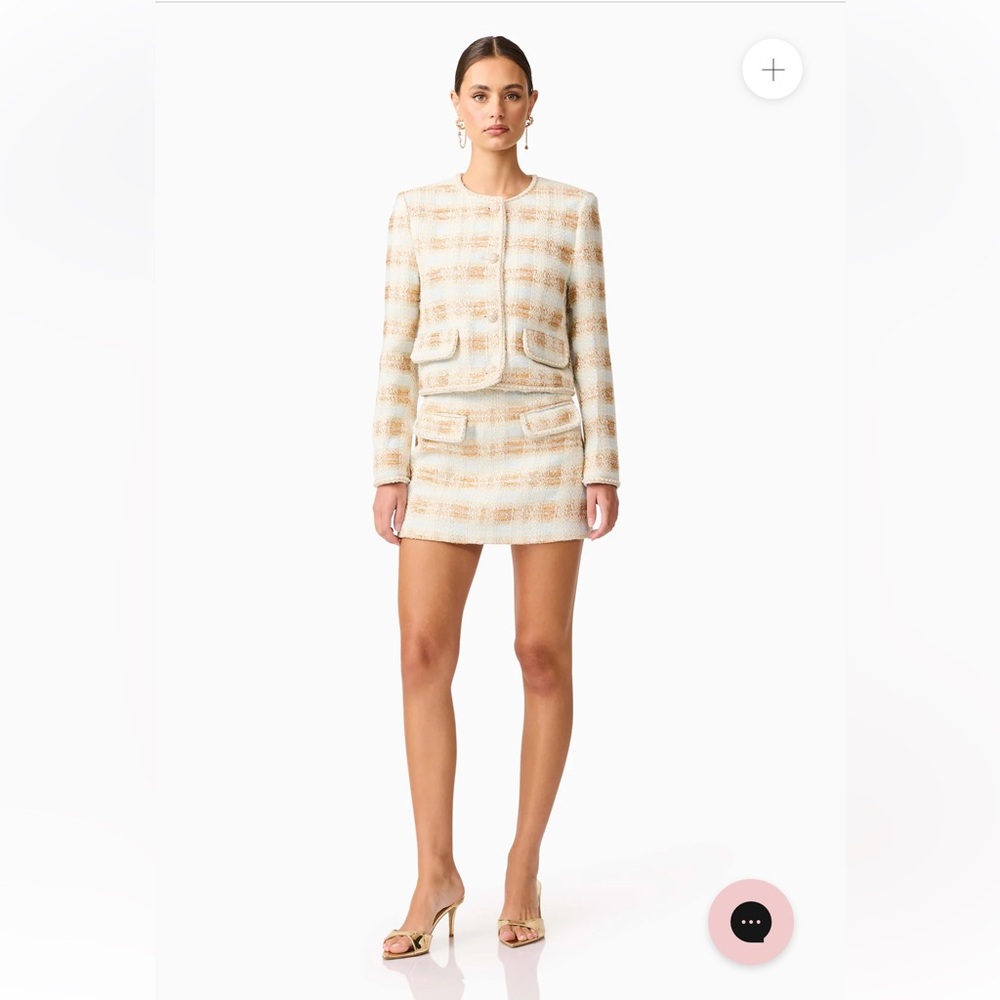 elliatt ashlyn white blue & gold long sleeve metallic tweed mini skirt set small - Picture 14 of 14